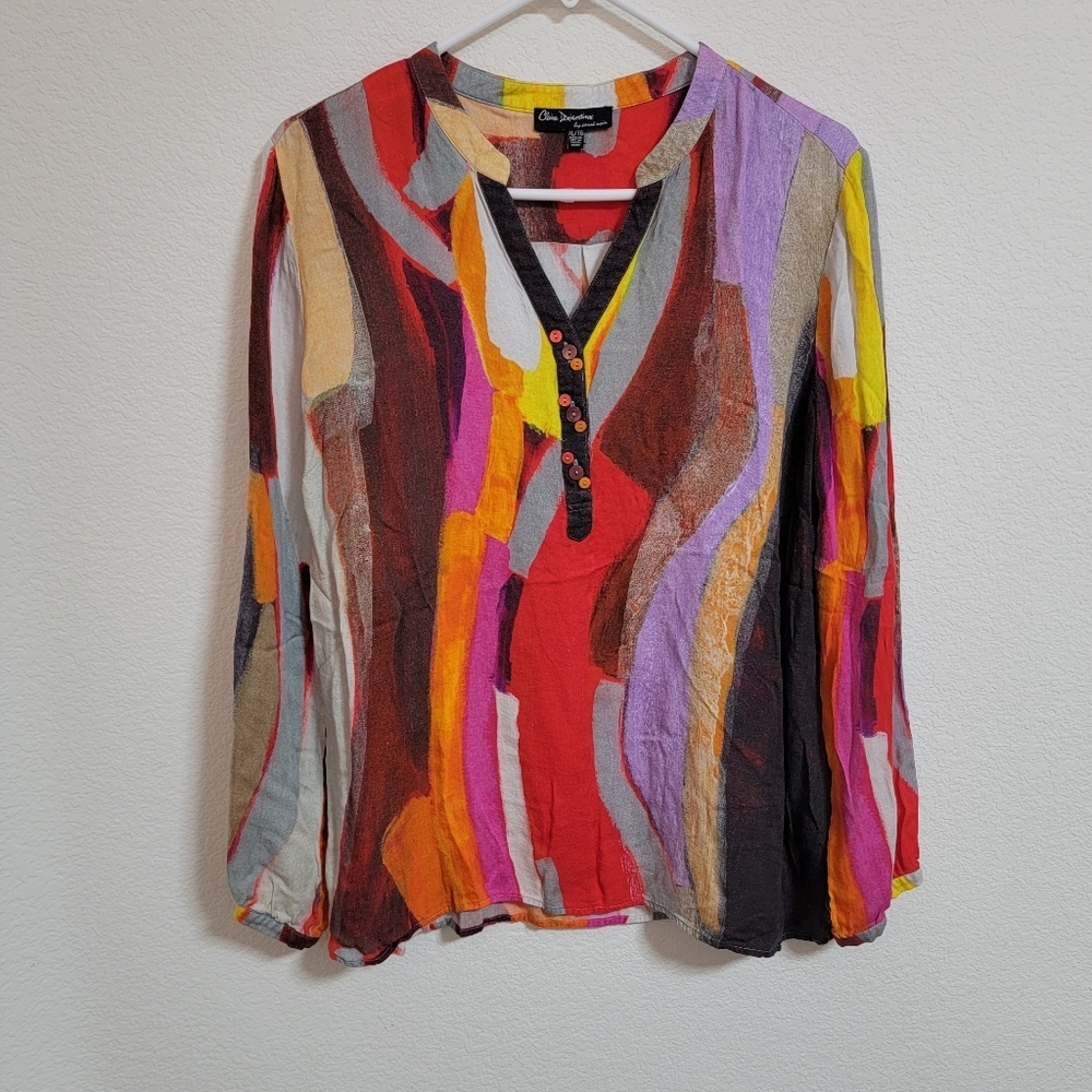 Claire Dejardins Art to Wear Colorful Abstract Print Long-Sleeve V-Neck Top